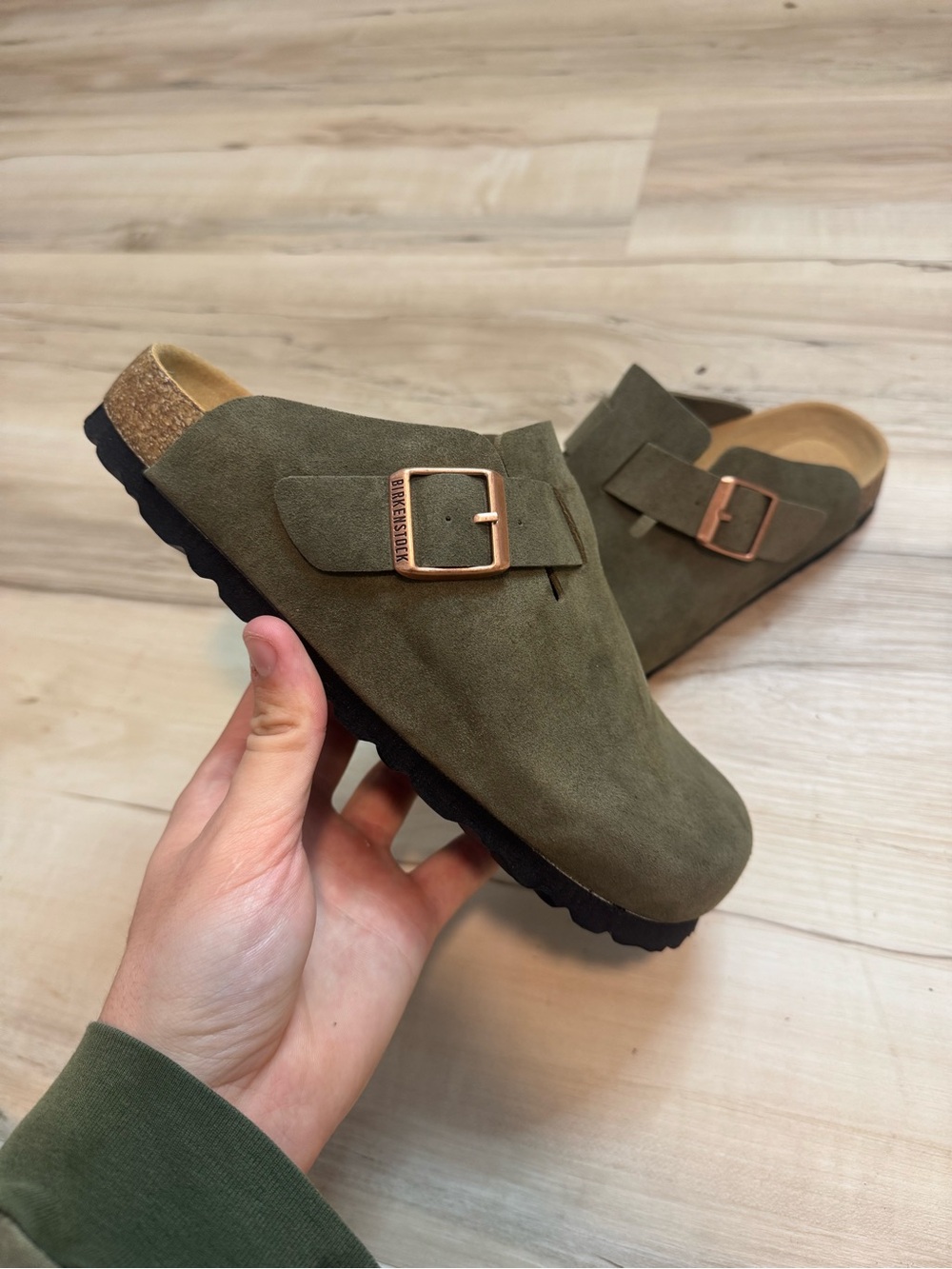NEW Birkenstock Olive Suede Boston Clog with Rose Gold Buckle